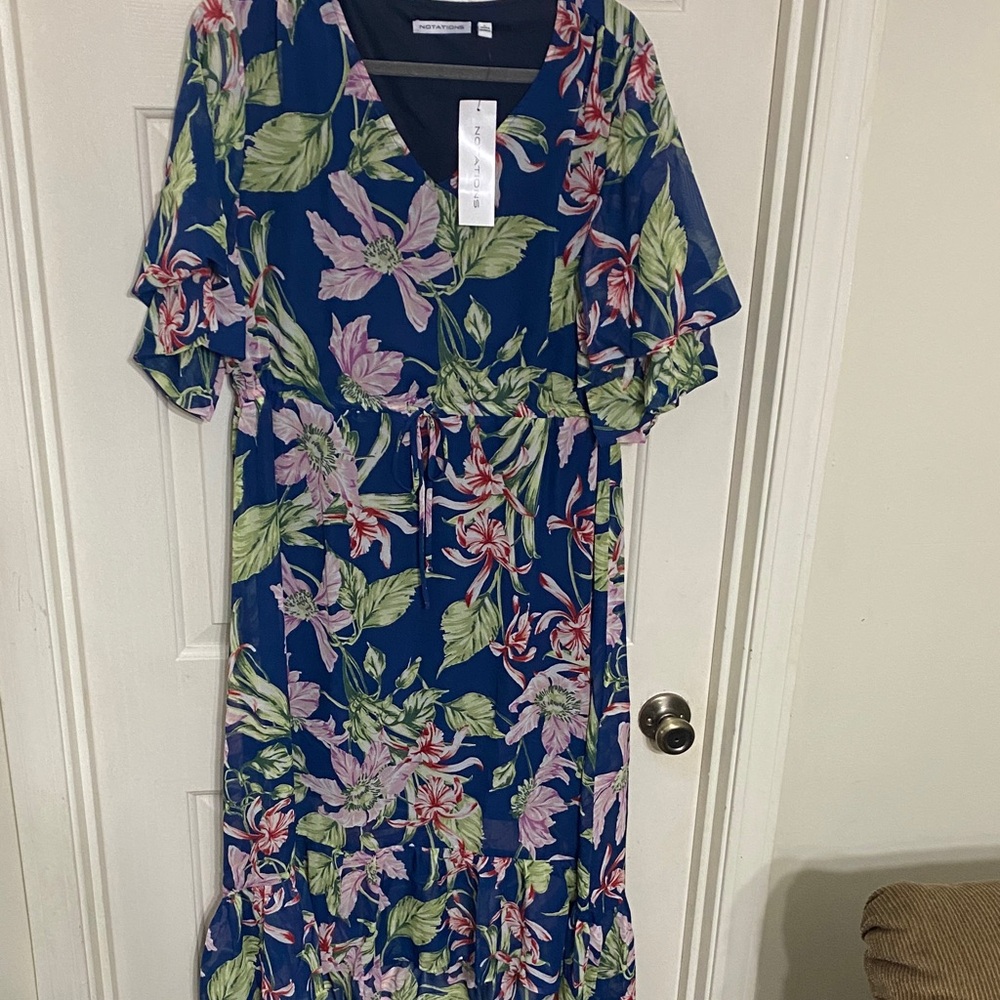 Notations Blue and Green Floral Midi Dress